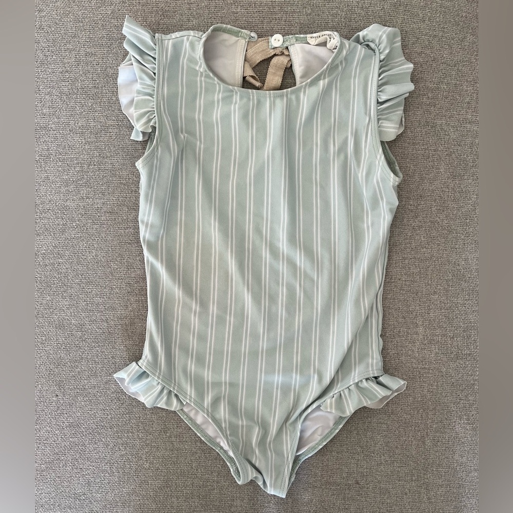 Minnow swim girls Brock collection garden sage stripe ruffle one piece, size 7/8